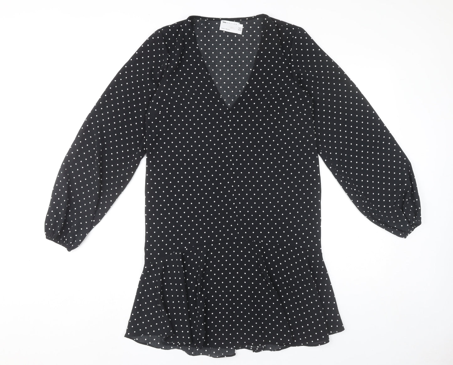 ASOS Design Women’s Black Polka Dot Shift Dress Size 6 Long Sleeve V-Neck