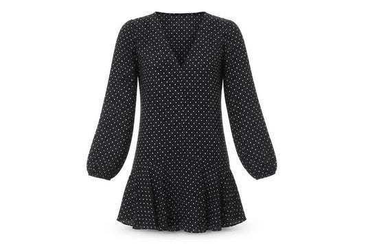 Front view of ASOS Design Women’s Black Polka Dot Shift Dress, size UK 6, Long Sleeve V-Neck