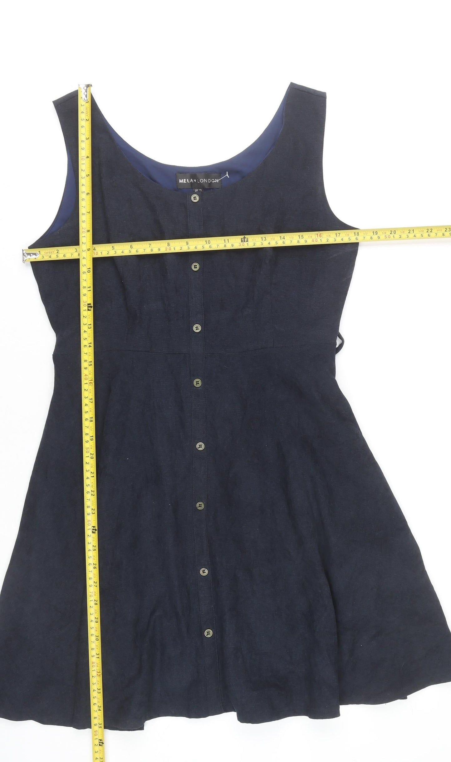 Mela London Womens Blue Sleeveless A-Line Button Dress Size 12