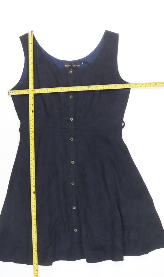 Mela London Womens Blue Sleeveless A-Line Button Dress Size 12