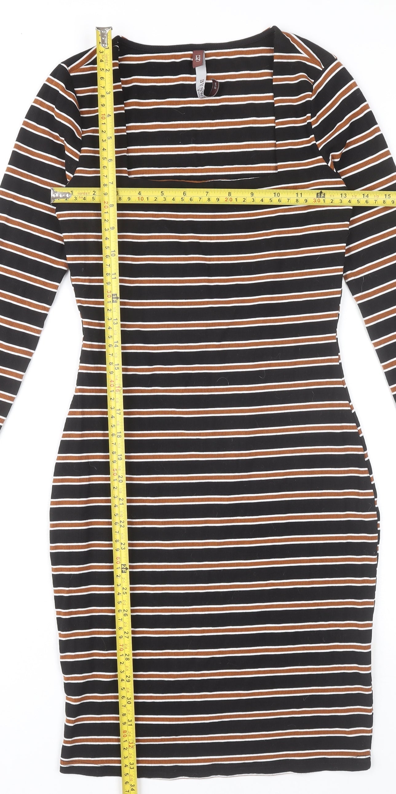 By Swan Women Black Brown Striped Bodycon Dress Size S