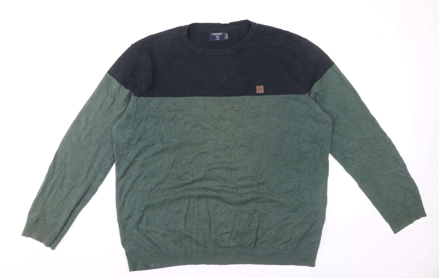 Springfield Men’s Green Blue Cotton Pullover Jumper 2XL Crew Neck