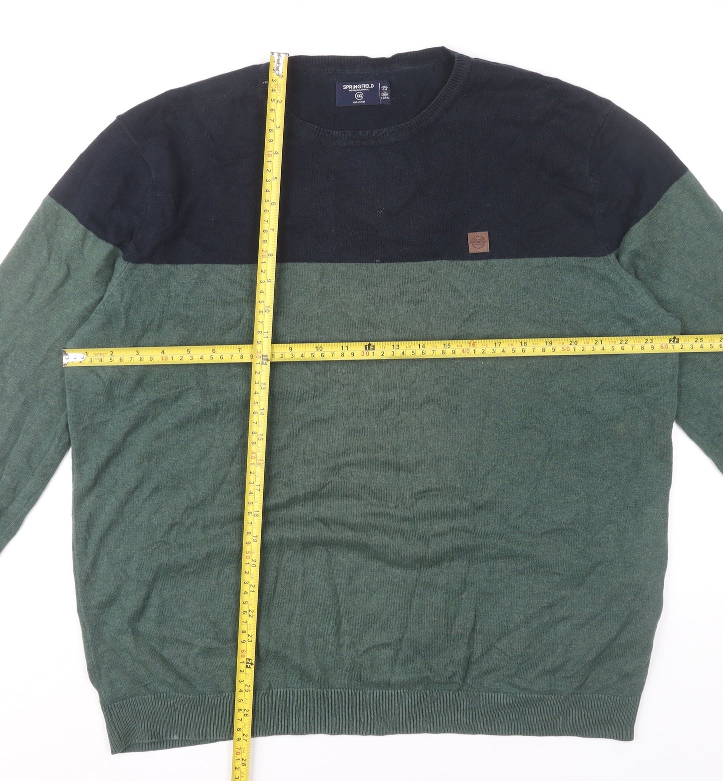Springfield Men’s Green Blue Cotton Pullover Jumper 2XL Crew Neck