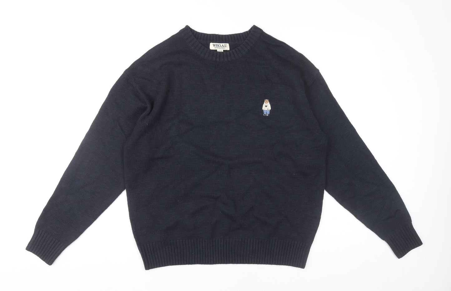 WHO.A.U Men’s Blue Knit Pullover Jumper M Crew Neck Embroidered Logo