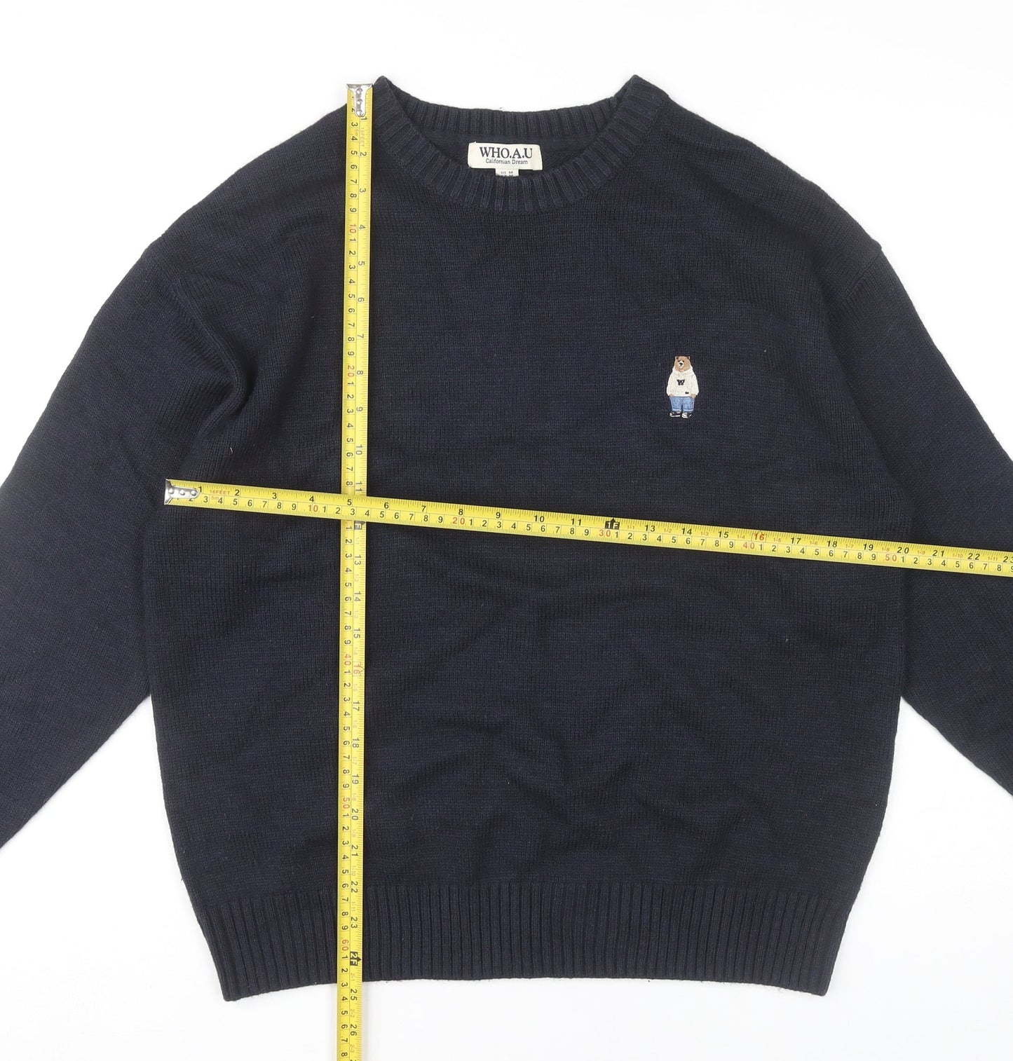 WHO.A.U Men’s Blue Knit Pullover Jumper M Crew Neck Embroidered Logo
