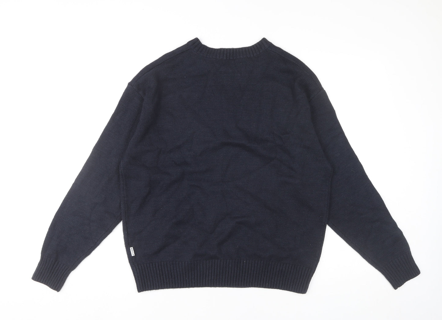 WHO.A.U Men’s Blue Knit Pullover Jumper M Crew Neck Embroidered Logo