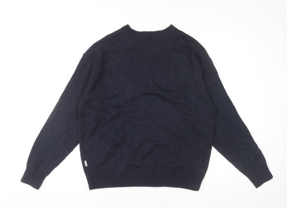 WHO.A.U Men’s Blue Knit Pullover Jumper M Crew Neck Embroidered Logo