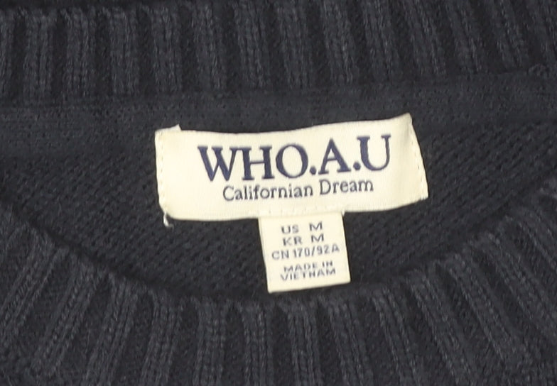 WHO.A.U Men’s Blue Knit Pullover Jumper M Crew Neck Embroidered Logo