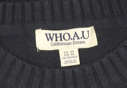 WHO.A.U Men’s Blue Knit Pullover Jumper M Crew Neck Embroidered Logo