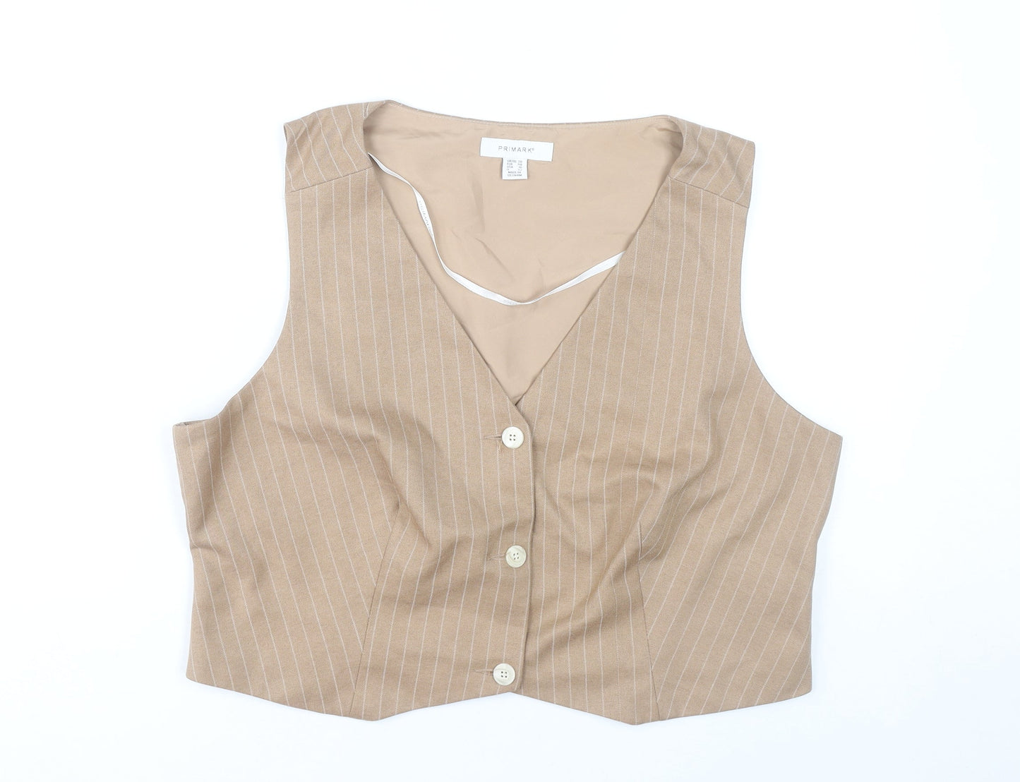 Primark Women’s Beige Pinstripe Button-Up Cropped Waistcoat UK 20