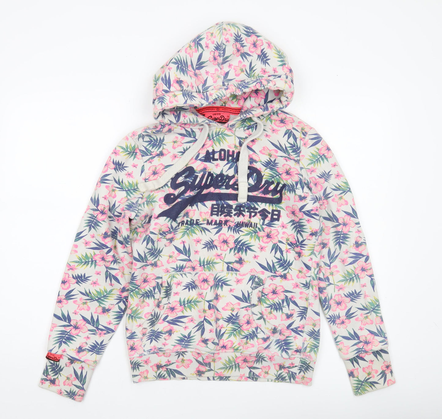 Superdry Womens Hoodie Small White Pink Floral Aloha Pullover