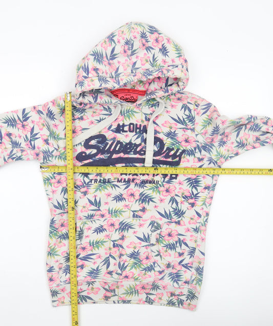 Superdry Womens Hoodie Small White Pink Floral Aloha Pullover