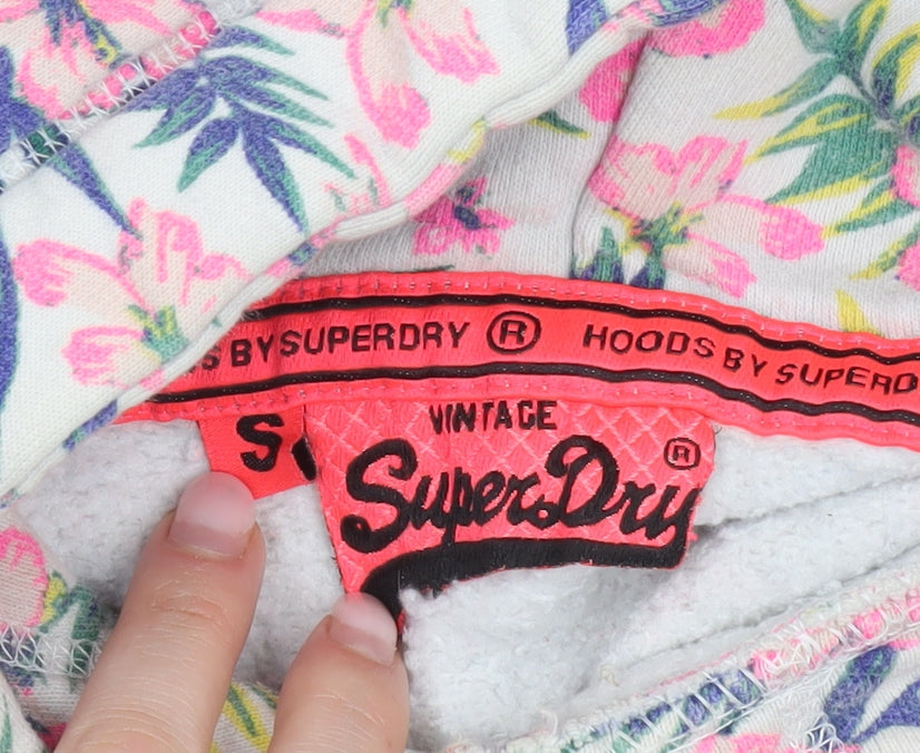 Superdry Womens Hoodie Small White Pink Floral Aloha Pullover