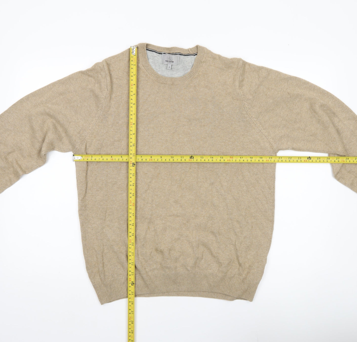 Marks and Spencer Mens Beige Cotton Crew Neck Jumper Size S