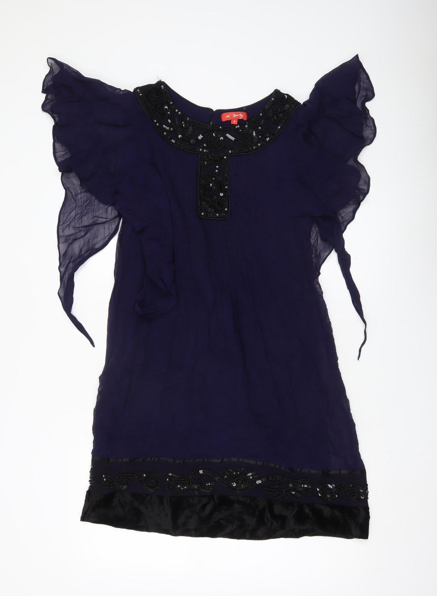 Derhy Women’s Purple Beaded Shift Dress S Flutter Sleeve Party