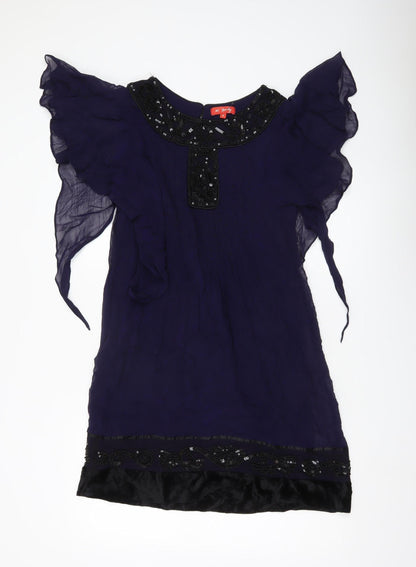 Derhy Women’s Purple Beaded Shift Dress S Flutter Sleeve Party