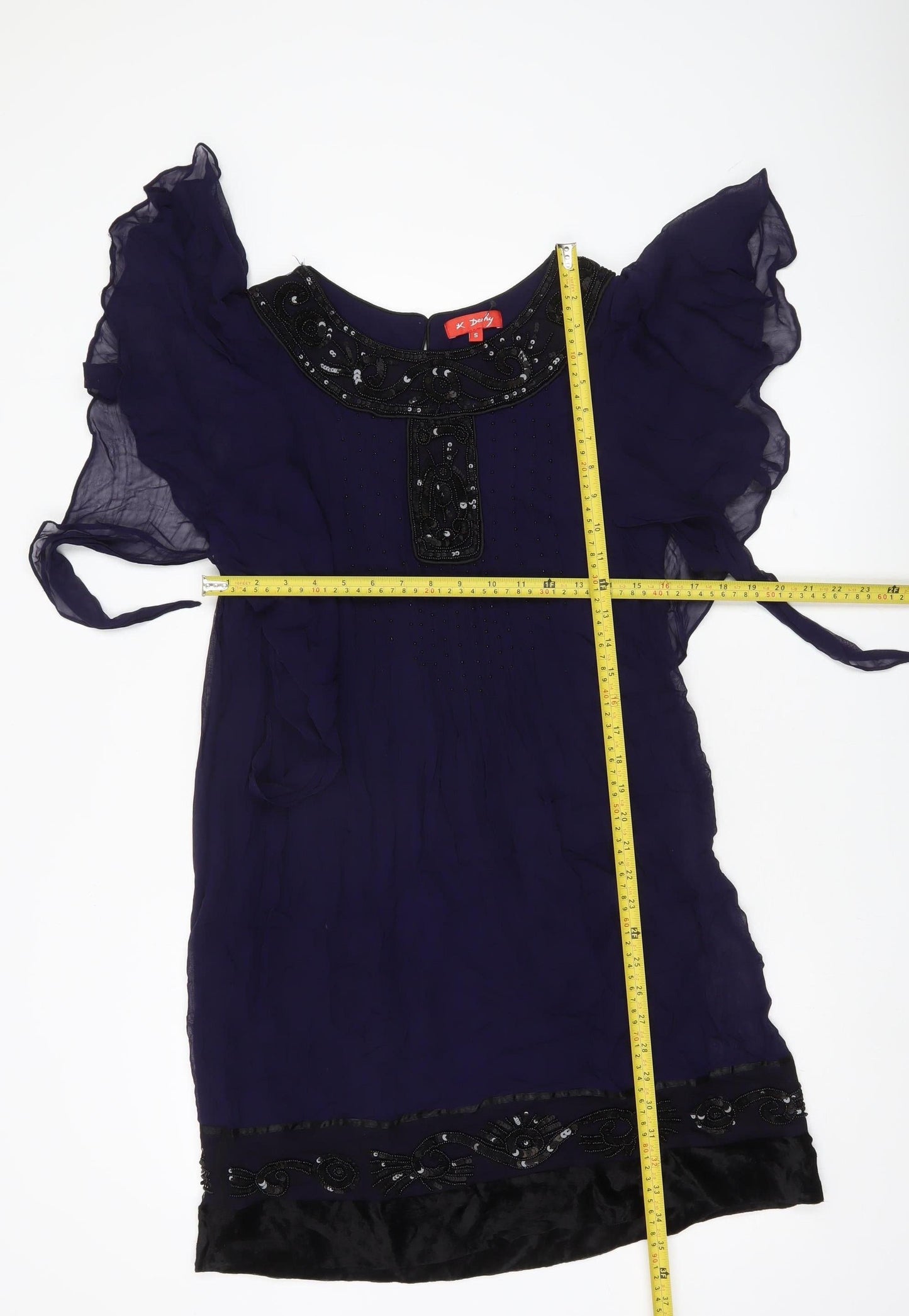 Derhy Women’s Purple Beaded Shift Dress S Flutter Sleeve Party