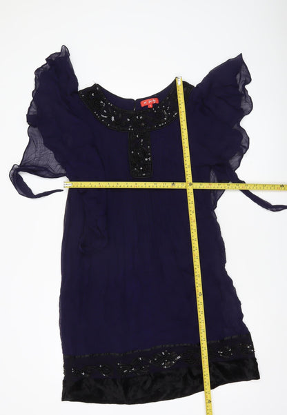 Derhy Women’s Purple Beaded Shift Dress S Flutter Sleeve Party