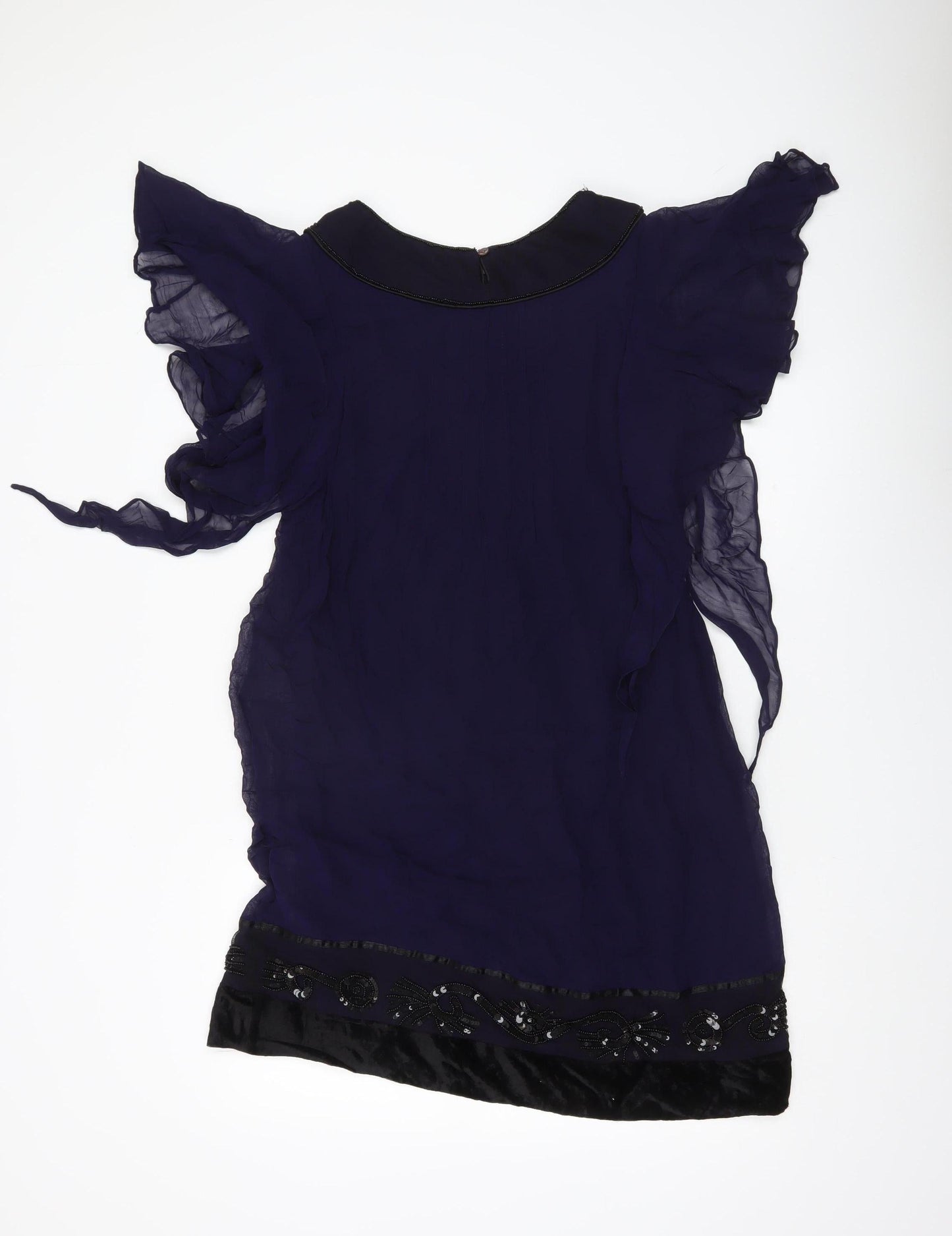 Derhy Women’s Purple Beaded Shift Dress S Flutter Sleeve Party