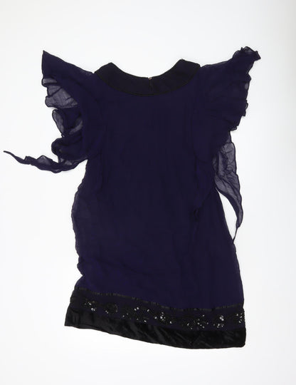 Derhy Women’s Purple Beaded Shift Dress S Flutter Sleeve Party