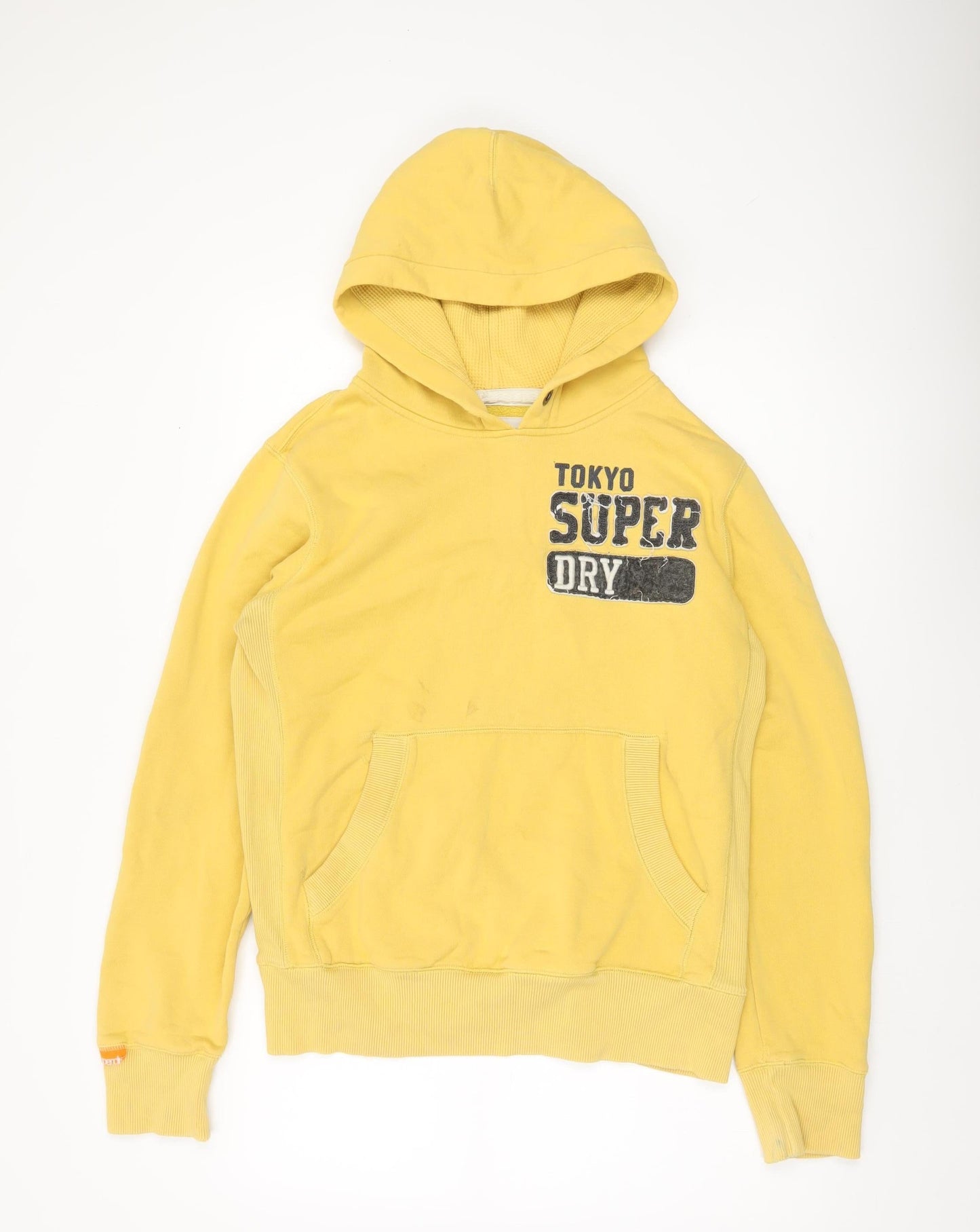 Superdry Mens Yellow Pullover Hoodie Size M Graphic Logo Sweatshirt