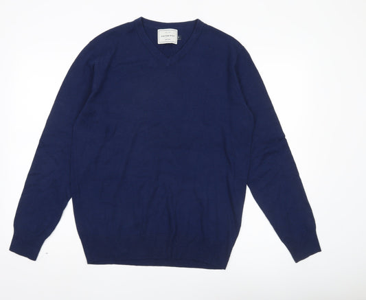 John Lewis Men's Blue Cotton Blend V-Neck Jumper Size S