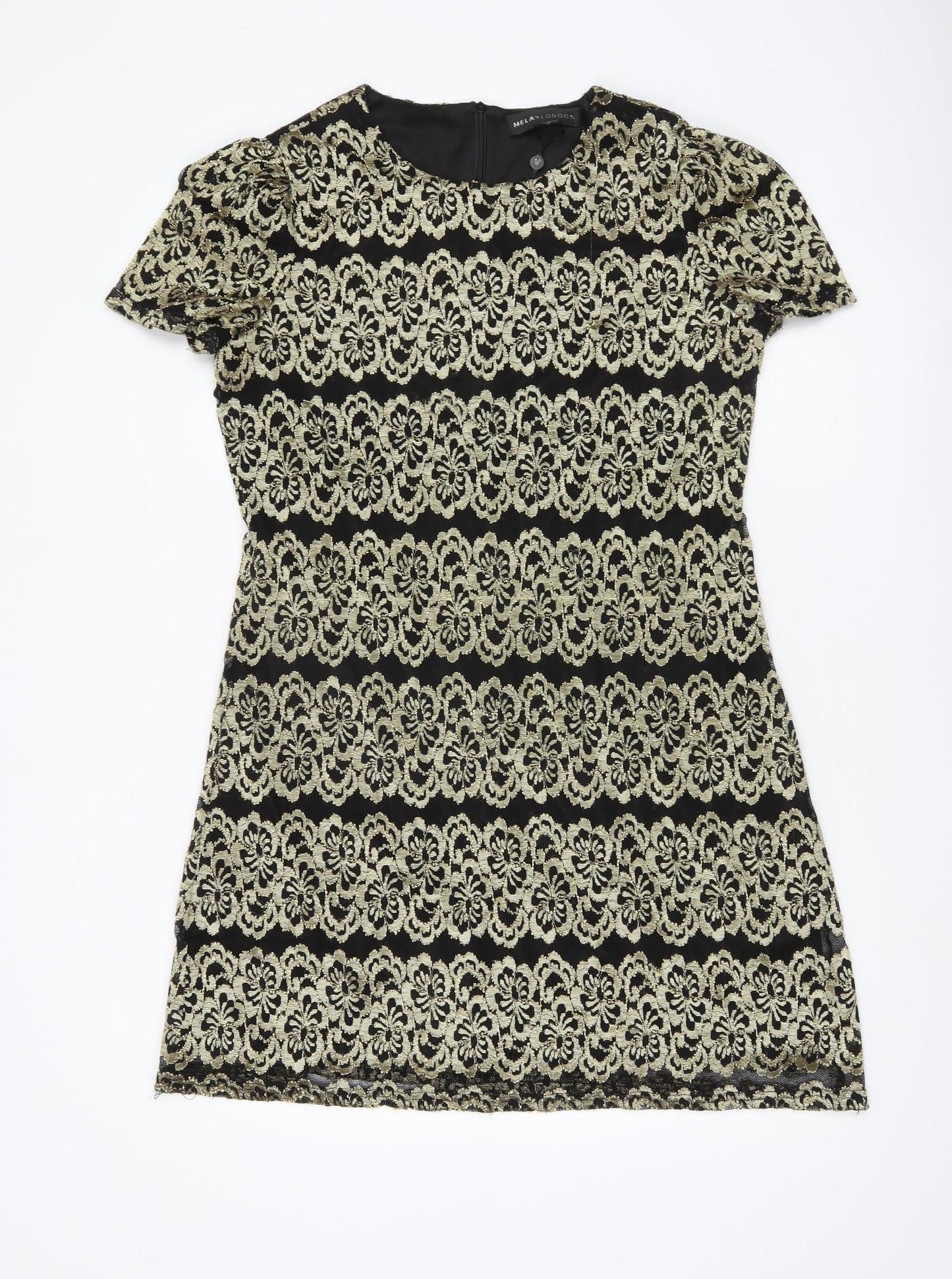 Mela London Women’s Black Gold Shift Dress Size 14 Short Sleeve Party