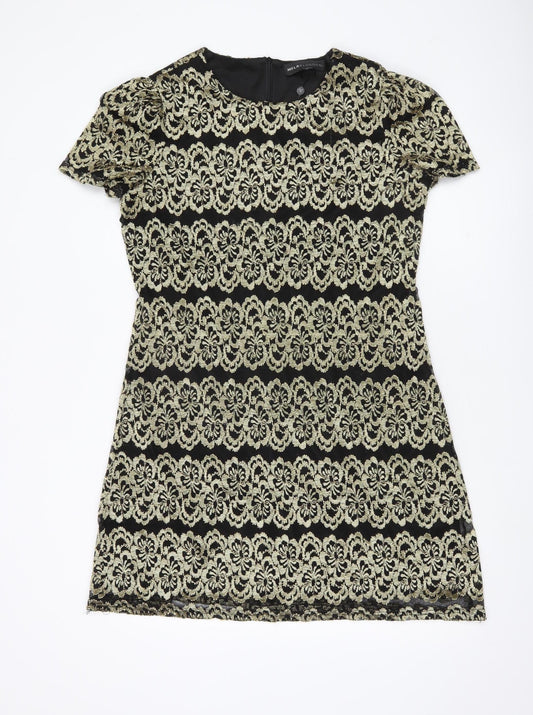 Mela London Women’s Black Gold Shift Dress Size 14 Short Sleeve Party