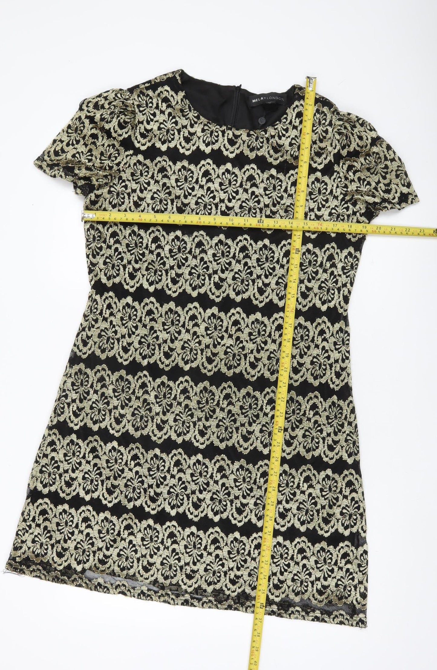 Mela London Women’s Black Gold Shift Dress Size 14 Short Sleeve Party