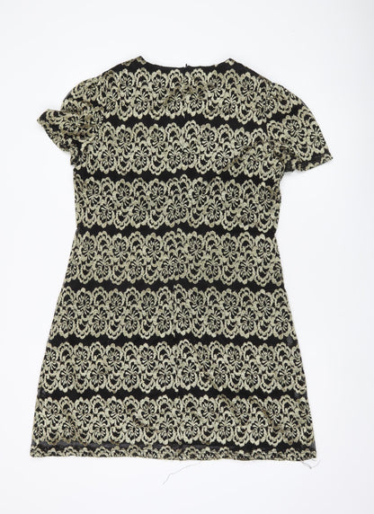 Mela London Women’s Black Gold Shift Dress Size 14 Short Sleeve Party