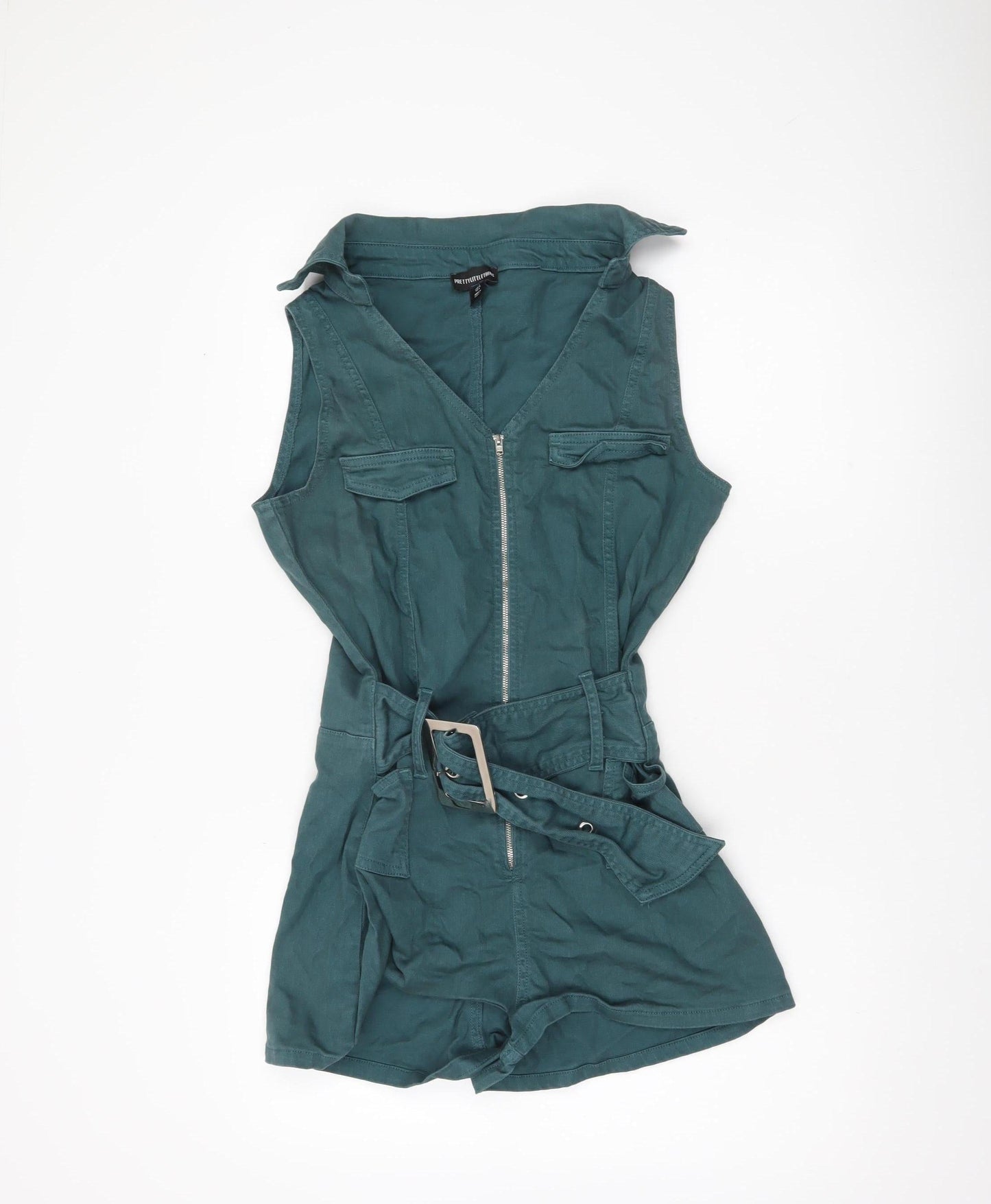 PrettyLittleThing Women Green Cotton Sleeveless Belted Playsuit UK 8