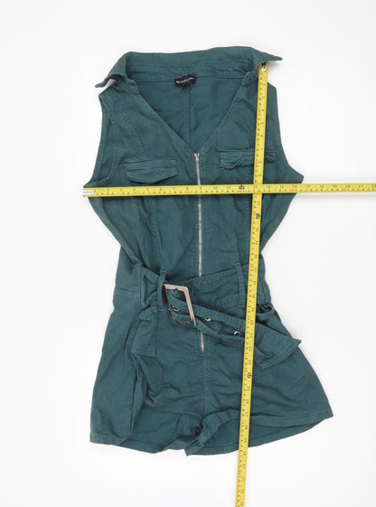 PrettyLittleThing Women Green Cotton Sleeveless Belted Playsuit UK 8