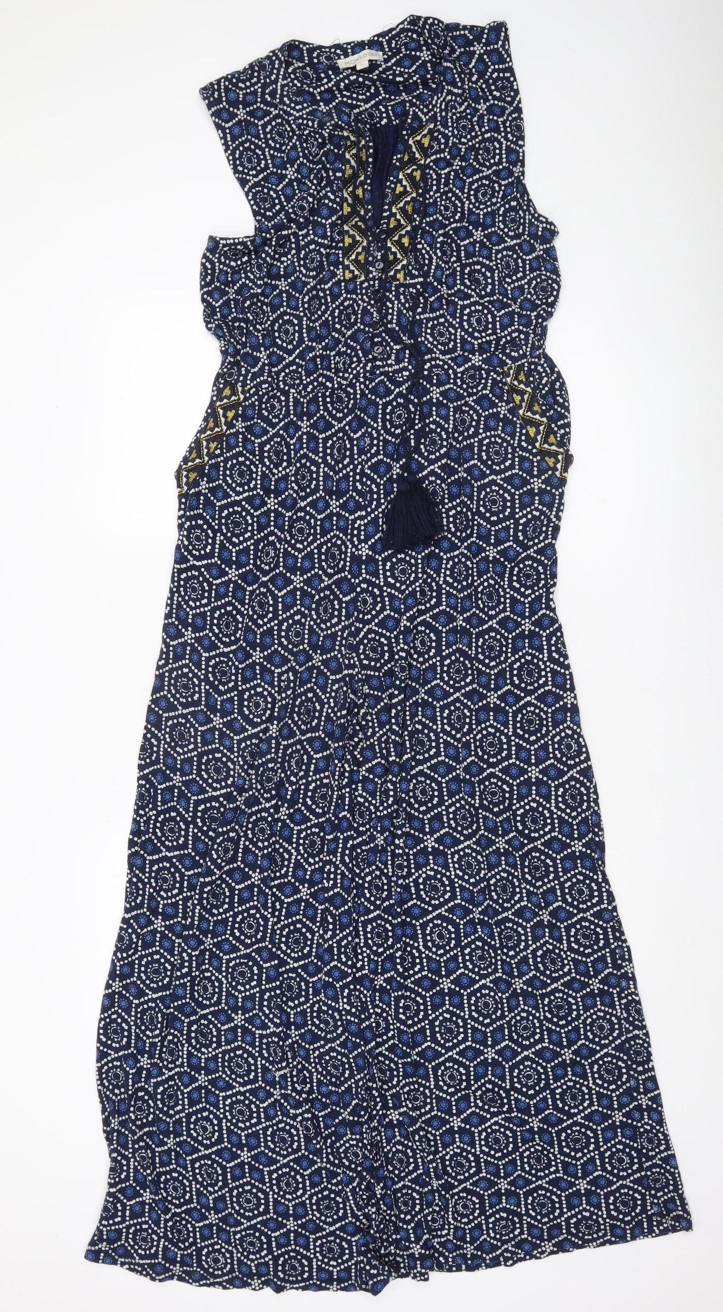 Monsoon Women’s Blue Geometric Sleeveless Wide-Leg Jumpsuit Size M