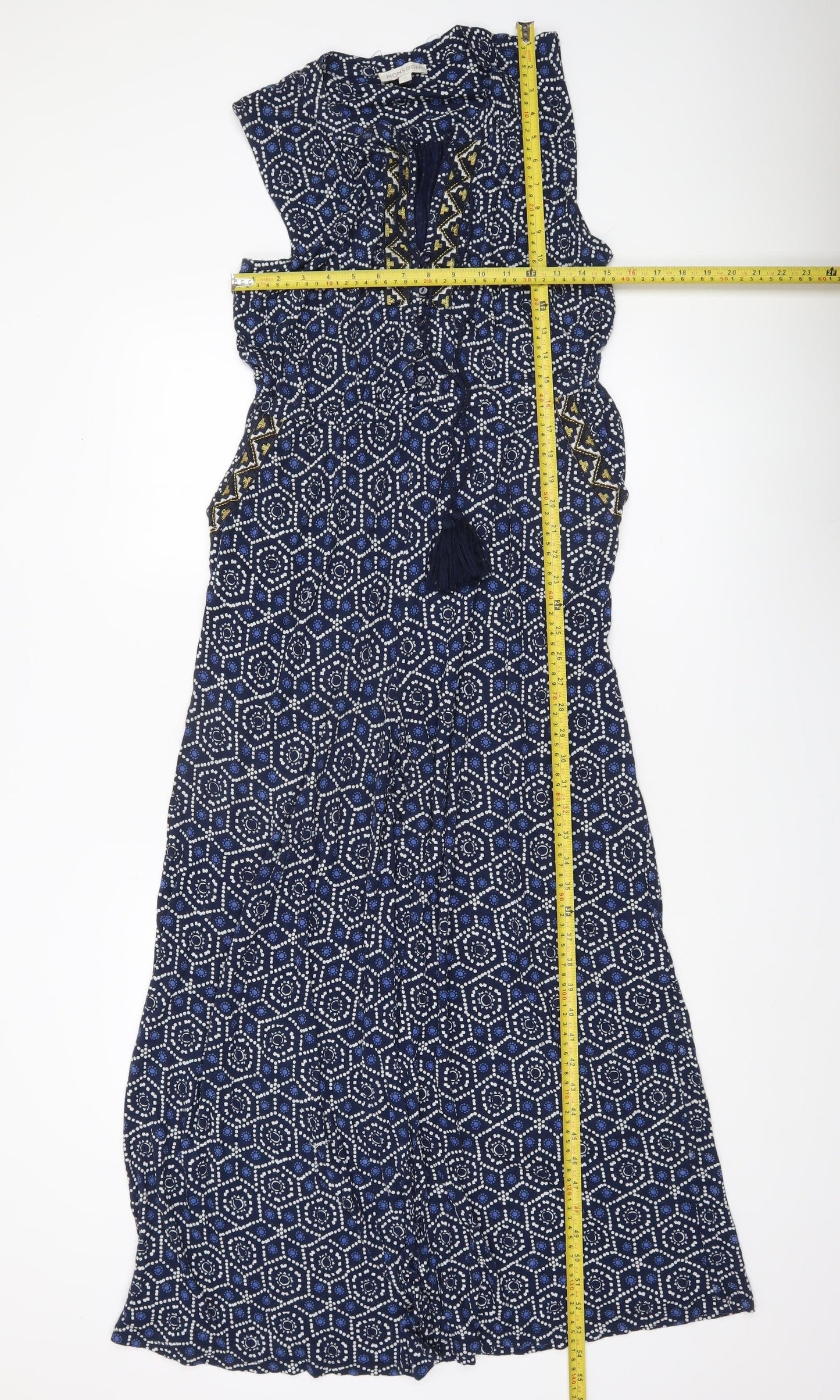 Monsoon Women’s Blue Geometric Sleeveless Wide-Leg Jumpsuit Size M