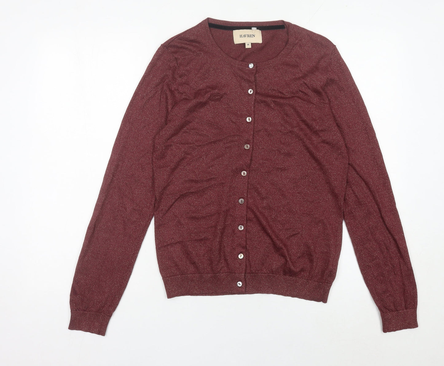 Havren Womens Red Cardigan Size 14 Crew Neck Knit Long Sleeve