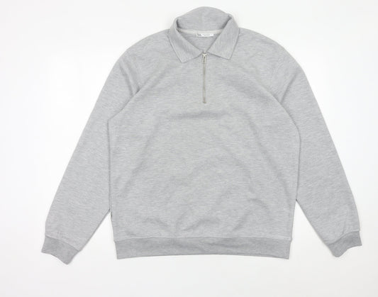 Zara Men’s Grey Collared 1/2 Zip Sweatshirt Size M Regular Fit
