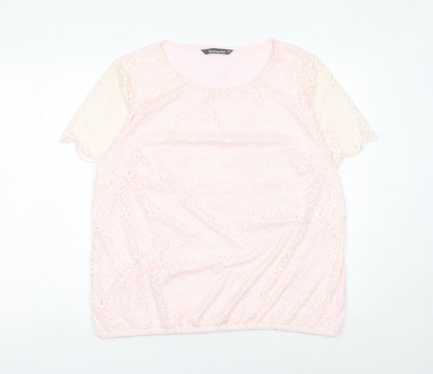 Bonmarché Women’s Pink Lace Blouse Size 18 Short Sleeve Scoop Neck