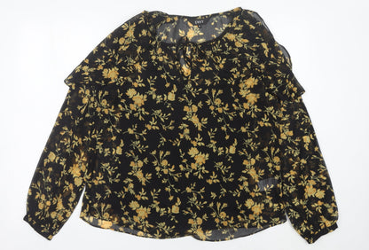 ENVY Womens Black Floral Tunic Blouse Size 14 Long Sleeve Sheer Top