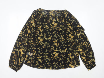 ENVY Womens Black Floral Tunic Blouse Size 14 Long Sleeve Sheer Top
