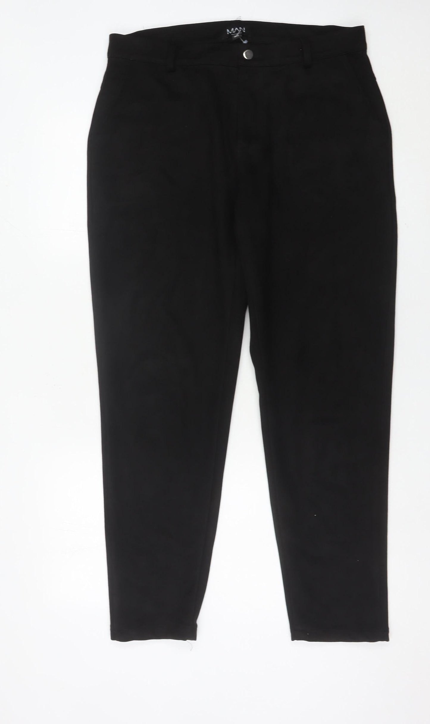 boohooMAN Mens Black Chino Trousers Size 34 Regular Fit Tapered
