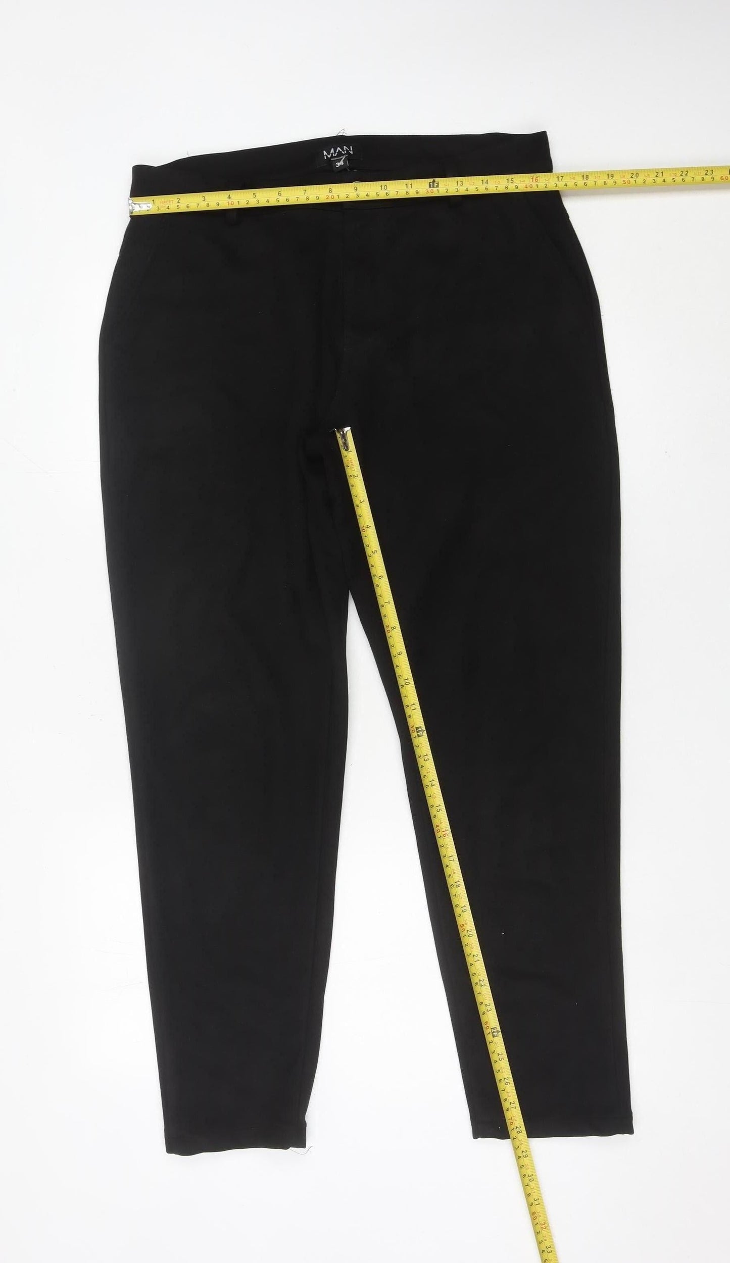 boohooMAN Mens Black Chino Trousers Size 34 Regular Fit Tapered