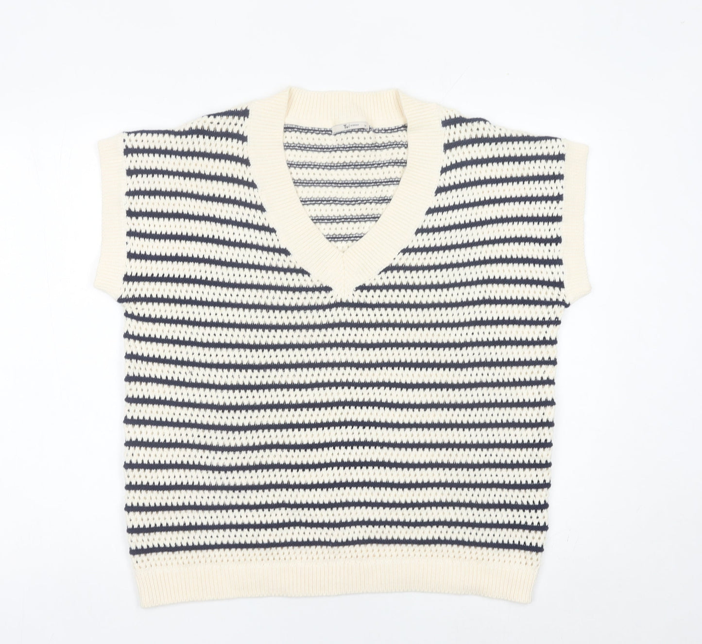 Tu Women’s Multicoloured Striped Knit V-Neck Cotton Vest Jumper Size 14