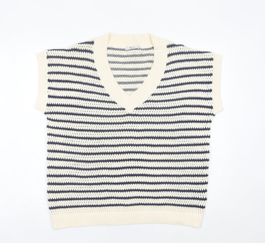 Tu Women’s Multicoloured Striped Knit V-Neck Cotton Vest Jumper Size 14