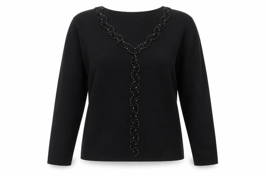 Front view of Roman Originals Women Black Medium Beaded V-Neck jumper