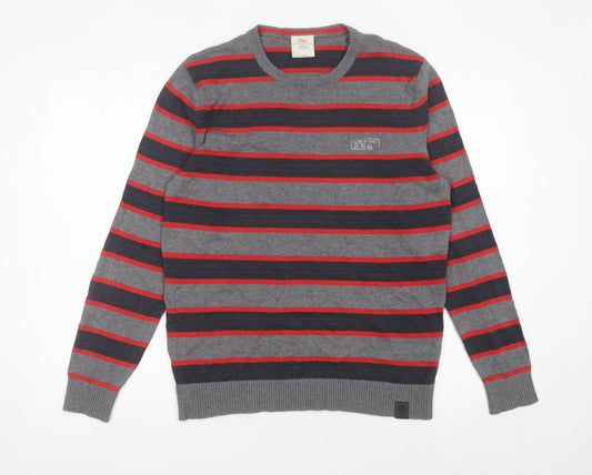 s.Oliver Men's Grey Striped Cotton Pullover Jumper Size M
