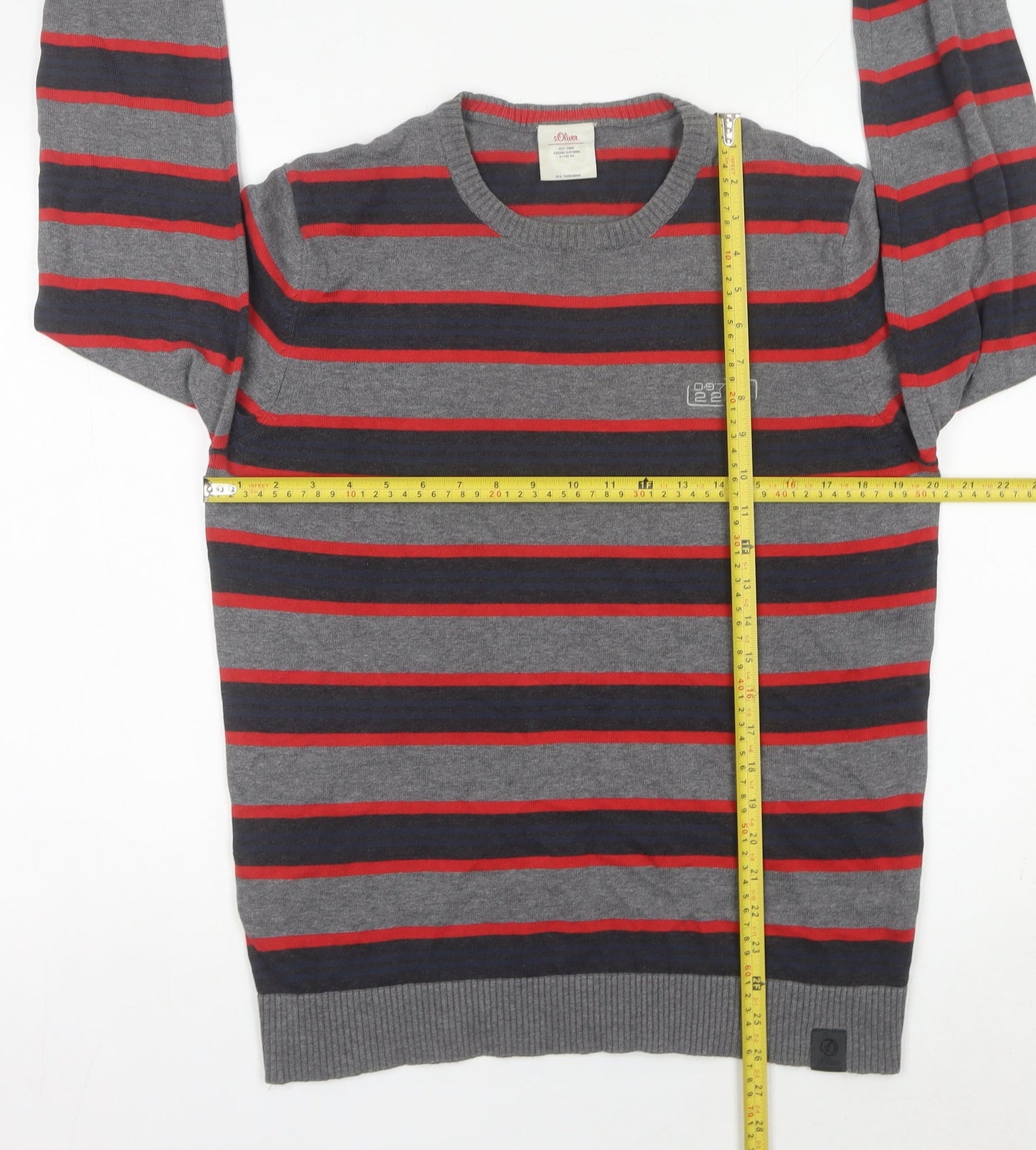 s.Oliver Men's Grey Striped Cotton Pullover Jumper Size M