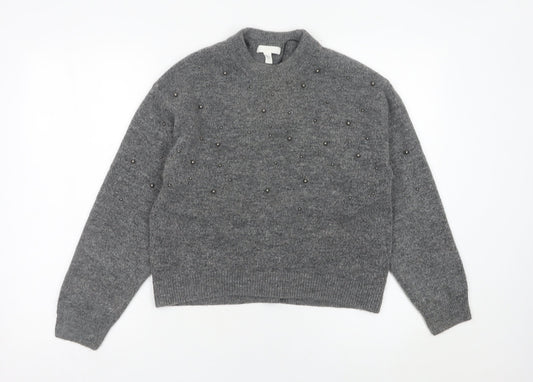 H&M Women’s Grey Beaded Crew Neck Jumper XS Wool Blend