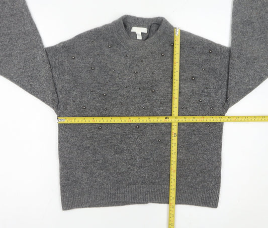 H&M Women’s Grey Beaded Crew Neck Jumper XS Wool Blend