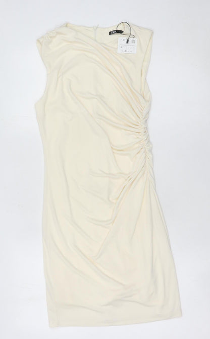 Zara Women Ivory Sheath Dress Size 12 Knee Length Ruched
