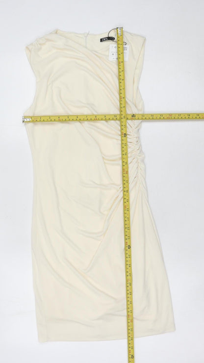 Zara Women Ivory Sheath Dress Size 12 Knee Length Ruched
